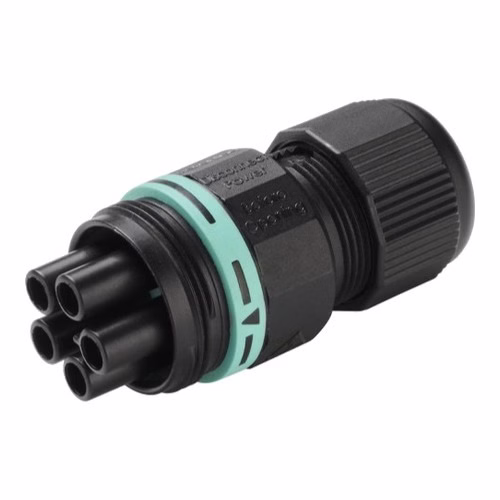IP68 Mini Socket Connector, Screw Coupling, 5-Pole, 0.25-1.5 sq mm, 17.5 A - Techno TH387 (THB.387.B5A)