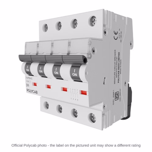 Polycab 10kA D-Curve FP MCB – Four Pole Miniature Circuit Breaker, 6 A to 63 A, IS/IEC 60898-1