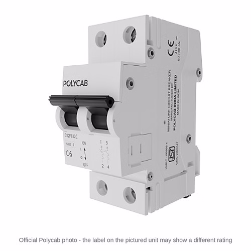 Polycab 6kA C-Curve DP MCB – Double Pole Miniature Circuit Breaker, 6 A to 32 A, IS/IEC 60898-1
