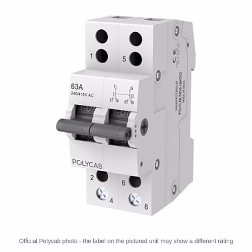 Polycab DP MCB Changeover Switch – 2 Pole Manual Changeover, 25 / 40 / 63 A, IS/IEC 60947-3
