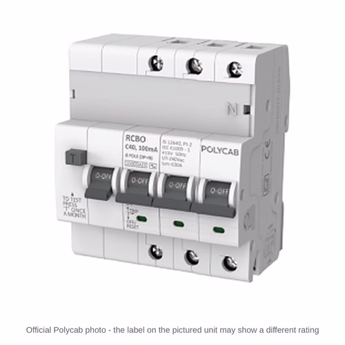Polycab TPN RCBO 300 mA – C-Curve 10 kA RCBO (3 pole + N), 6 A to 63 A, IS 12640-2
