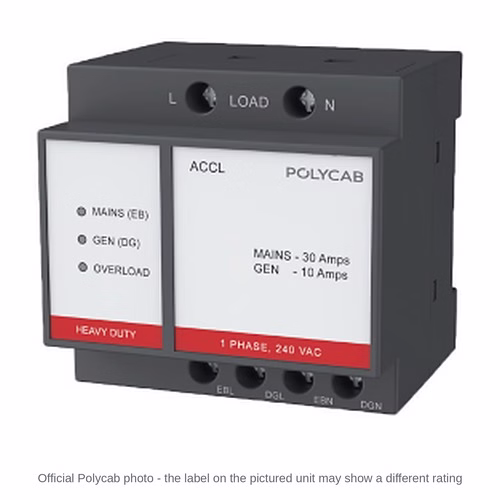 Polycab ACCL – Single-Phase Automatic Changeover with Current Limiter, 30 A Mains, 0.5 to 30 A Genset