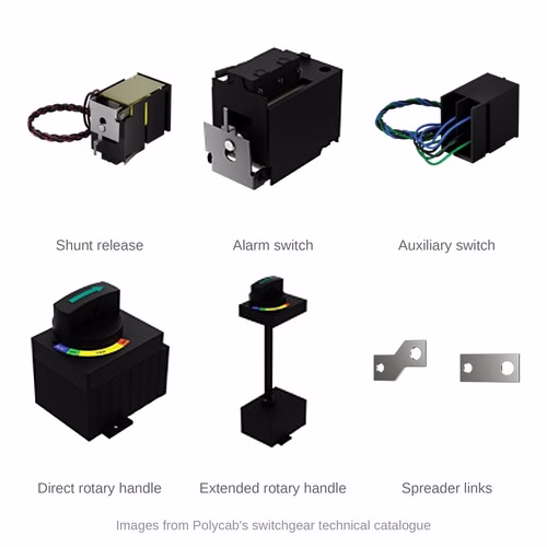 Polycab MCCB Accessories – Shunt Release, Auxiliary & Alarm Switch, Rotary Handles, Spreader Links