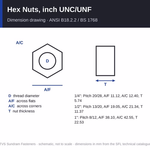 TVS Hex Nuts, inch UNC/UNF – 1/4" to 1", grades 2, 5 and 8