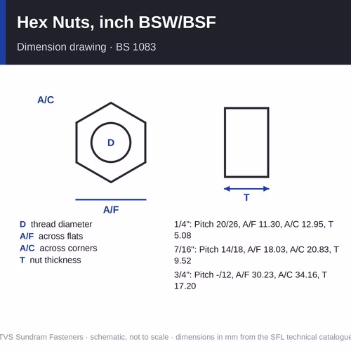 TVS Hex Nuts, inch BSW/BSF – 1/4" to 3/4", grades P and R