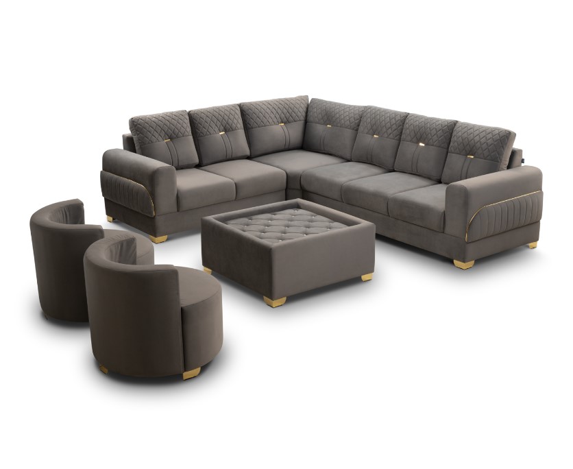 Caffino L-Shape Sofa + 2 Round Chairs + Center Table
