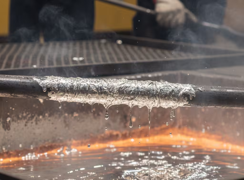  zinc coating on a steel wire or a hot-dip galvanizing process in action.