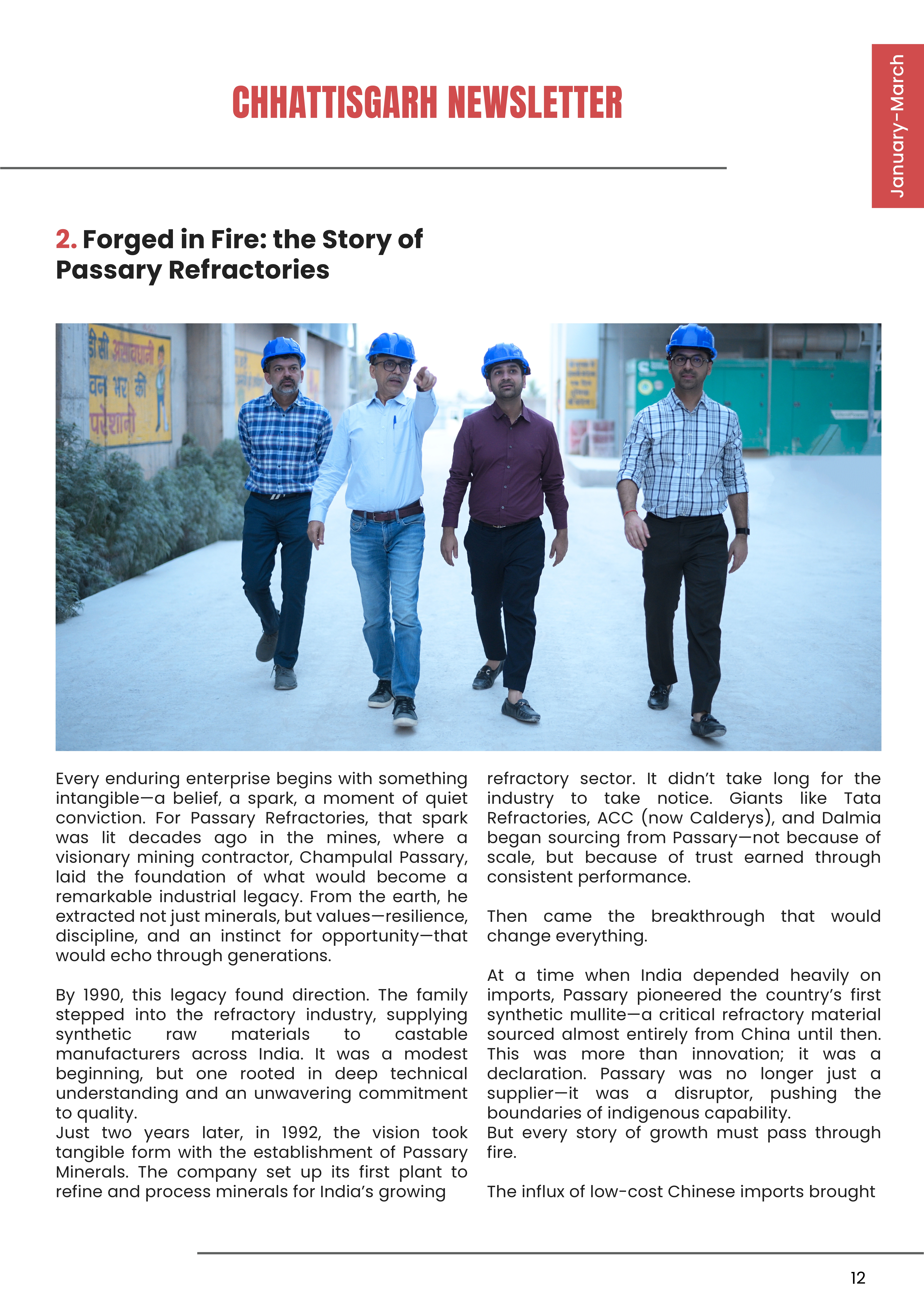 Passary Refractories featured in the CII Chhattisgarh Newsletter January–March 2026 edition highlighting the company’s industrial journey, innovation, and contribution to India’s refractory and steel industry.