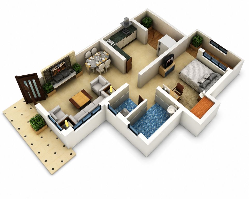 Modern 1 BHK Floor Plan Design